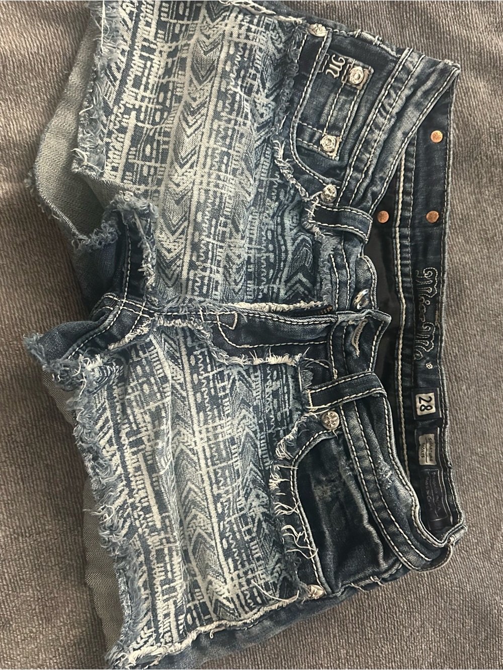 Miss Me Distressed Aztec-Print Denim Shorts - Blue